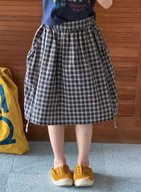 Yumi妈女童夏季自带装饰飘带学院儿童文艺感复古格子半身裙26B322