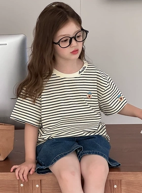 Yumi妈夏季新款童装中大小男女童韩版宽松条纹卡通短袖T恤 25C134
