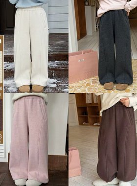 Yumi妈女童冬季一体绒裤子潮儿童加厚保暖拼接休闲毛呢裤25K062