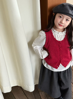 Yumi妈女童秋装宝宝甜美叠穿可爱花边儿童背心短款针织马甲25F074