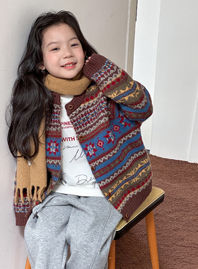 Yumi妈冬季女童复古浪漫费尔岛毛衣儿童提花重工款针织外套25H172