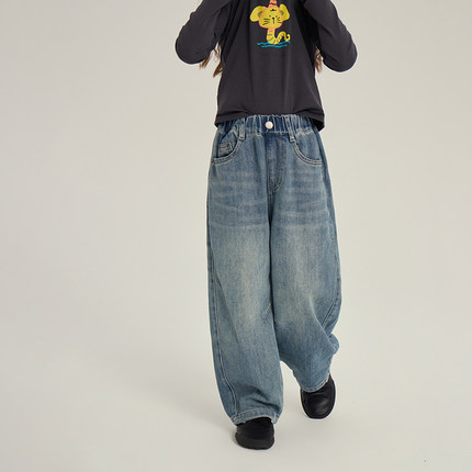 Yumi妈女童拼接阔腿牛仔裤秋装儿童宽松百搭直筒裤25F174