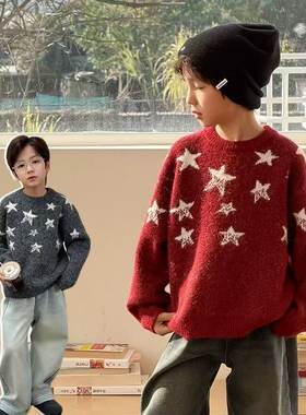 男童冬季加厚保暖新年红针织衫