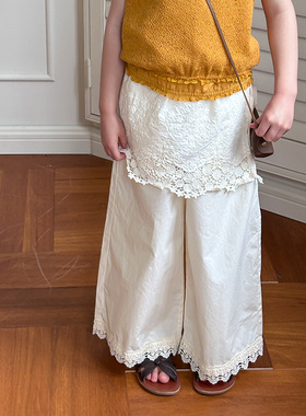 Yumi妈 女童裤子韩版时髦甜美风蕾丝花边屁帘直筒阔腿裤25C024