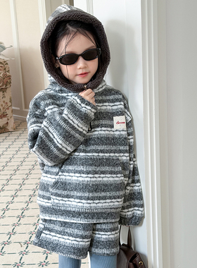 Yumi妈儿童冬季加厚保暖女童温柔浪漫费尔岛短裤连帽套装潮25K007