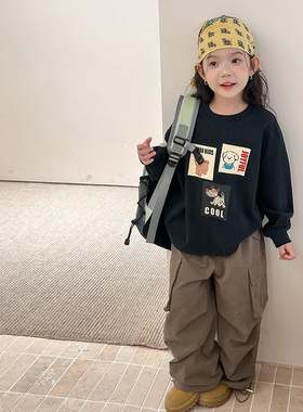 Yumi妈儿童秋季韩版卡通贴布黑色卫衣儿童新品百搭圆领长袖25G004