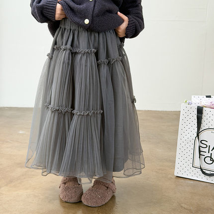 Yumi妈女童冬季中长款仙气网纱裙儿童颜值层次感蓬蓬半身裙25H010