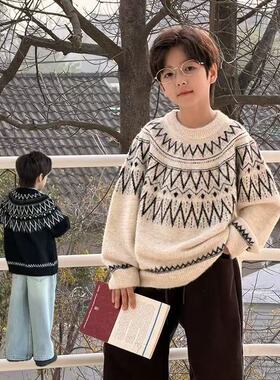 Yumi妈冬潮童复古费尔岛保暖针织衫儿童加厚羊毛撞色毛衣25M171