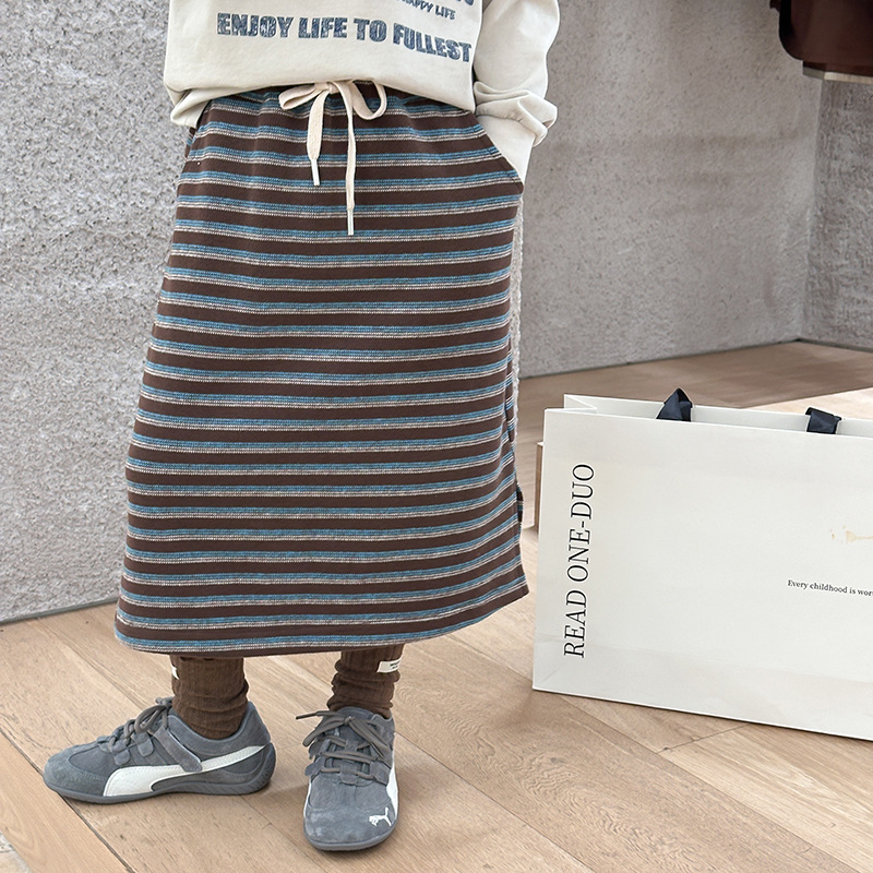 时髦百搭中长款条纹裙侧开叉半身