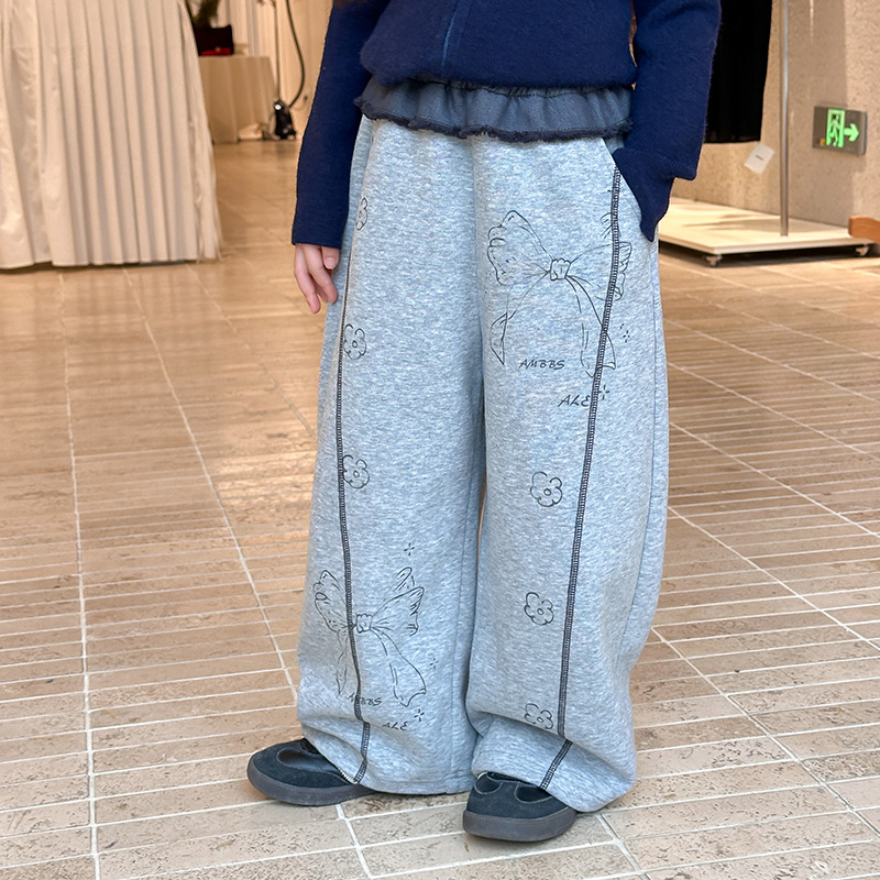 女童韩版满印蝴蝶结直筒裤拼接
