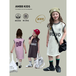 Yumi妈 儿童运动篮球风背心裙女童宽松洋气字母撞色连衣裙25C034