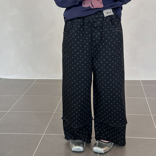 Yumi妈女童秋装波点贴标拼接休闲裤儿童圆点直筒裤25F042