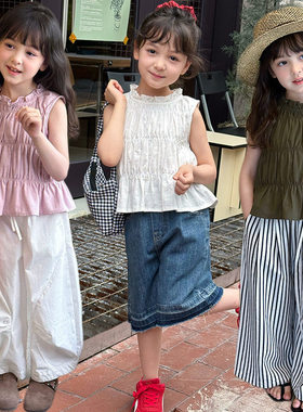 Yumi妈女童度假风甜美立领花边领背心夏季儿童韩版无袖上衣25D060