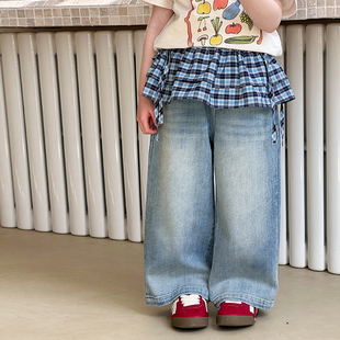 软牛仔复古磨白直筒牛仔裤 Yumi妈 子儿童韩版 女童裤 25B018 新品