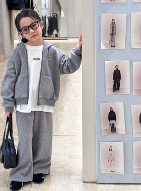 Yumi妈冬女童保暖毛巾布复合细密短绒儿童休闲连帽卫衣套装25H005