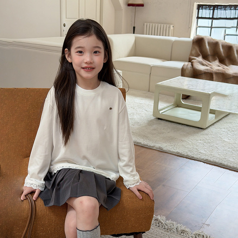 女童蕾丝刺绣长袖打底衫图片