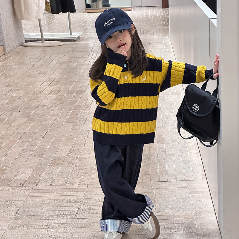 Yumi妈冬季女童韩版POLO翻领毛衣儿童洋气撞色麻花针织衫25H161