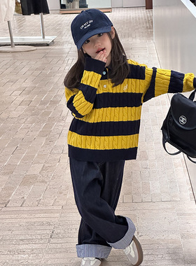 Yumi妈冬季女童韩版POLO翻领毛衣儿童洋气撞色麻花针织衫25H161