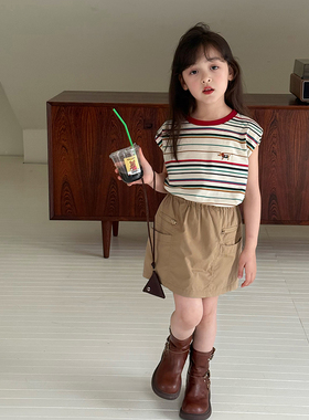 Yumi妈 女童夏季韩系卡通彩色条纹儿童气质垫肩无袖上衣   25E029