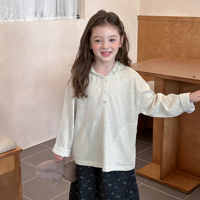 Yumi妈女童甜美长袖T恤蕾丝连帽