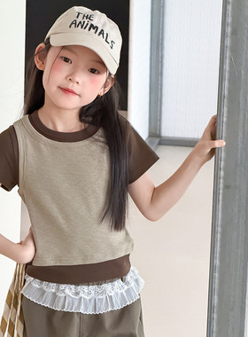 Yumi妈女童韩系撞色T恤儿童夏装休闲叠穿感假两件短袖上衣26C014