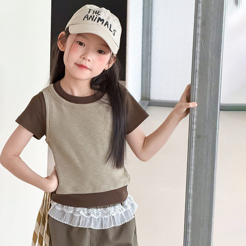 Yumi妈女童夏季假两件短袖T恤