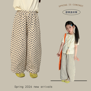 Yumi妈女童裤子儿童韩版宽松甜美可爱棉质裤子休闲波点裤26A066