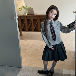 Yumi妈童装女童秋装小格子翻领长袖衬衣儿童细格短款衬衫潮26E207