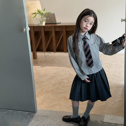 女童复古小格子短款纯棉衬衫