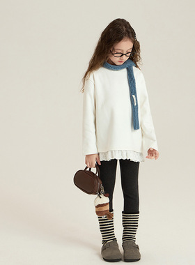 Yumi妈冬装女童爱丽丝绒花边打底衫儿童内搭秋衣中大童T恤 25H022