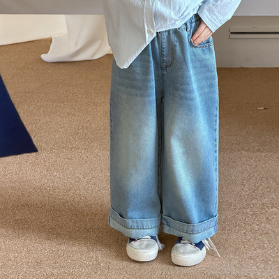 女童韩系水洗做旧磨白卷边牛仔裤