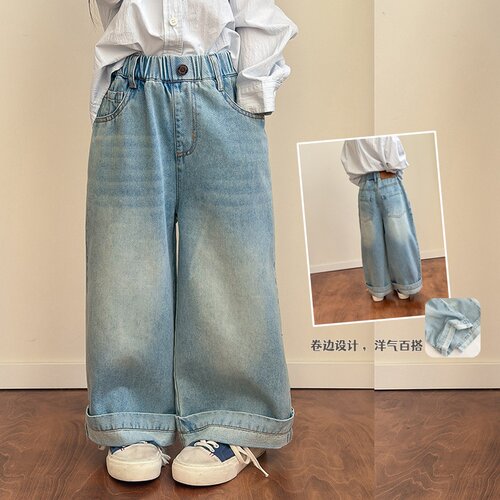 女童韩系水洗做旧磨白卷边牛仔裤