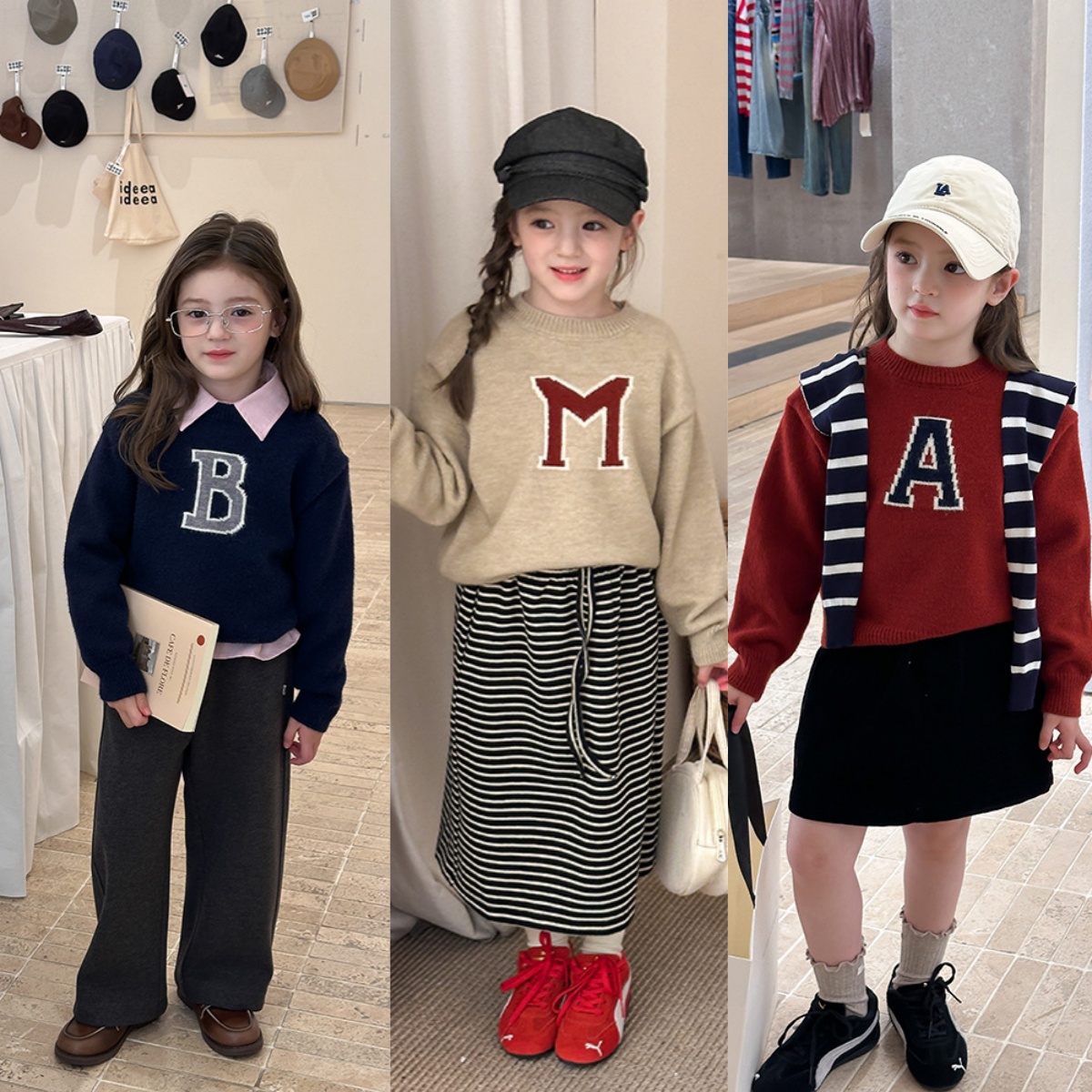 Yumi妈女童宝宝韩版宽松字母套头毛衣儿童时尚字母针织毛衣25G102