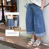 儿童拼接牛仔阔腿裤 Yumi妈 新款 女童时髦宽松七分裤 24V155 夏季
