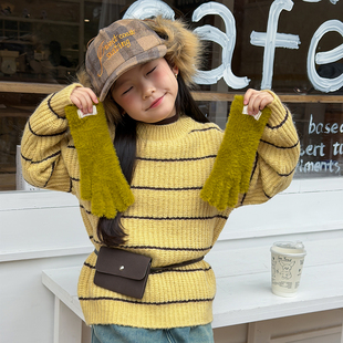 休闲保暖针织上衣25K143 Yumi妈儿童撞色宽条纹针织毛衣女童冬季