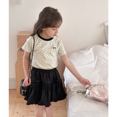 女童甜美波点蝴蝶结短袖T恤