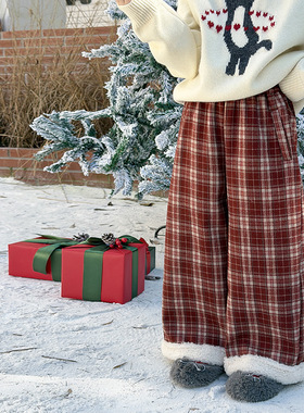 Yumi妈女童裤子冬季儿童休闲长裤潮复古氛围感红格子直筒裤25M146