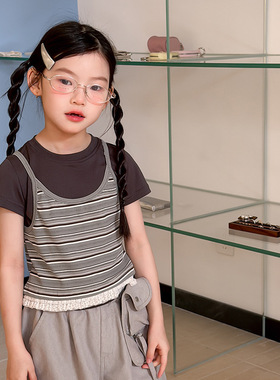 Yumi妈女童时髦条纹吊带背心+内搭儿童短袖叠穿两件套26A050