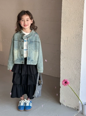 Yumi妈女童港风立领休闲夹克上衣潮范复古磨白做旧牛仔外套25A113