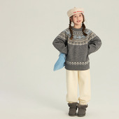 Yumi妈儿童冬季 复古费尔岛雪花毛衣男女童宽松民族风针织衫 25M181