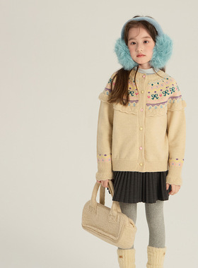 Yumi妈女童冬季韩版荷叶边外套甜美蝴蝶结毛衣提花针织开衫25M185