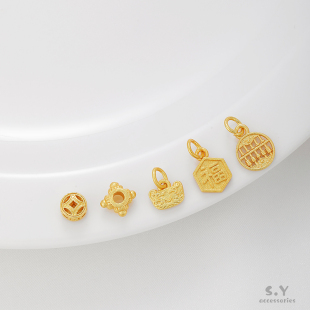沙金保色銅錢福牌魚尾隔珠吊墜手工diy珍珠手鏈項(xiàng)鏈飾品材料配件