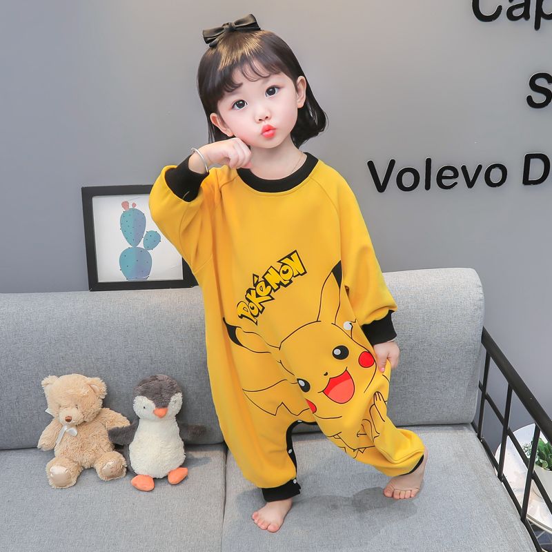 女童连体睡衣纯棉春秋防着凉宝宝防踢爬服女孩秋冬款皮卡丘连身衣图片
