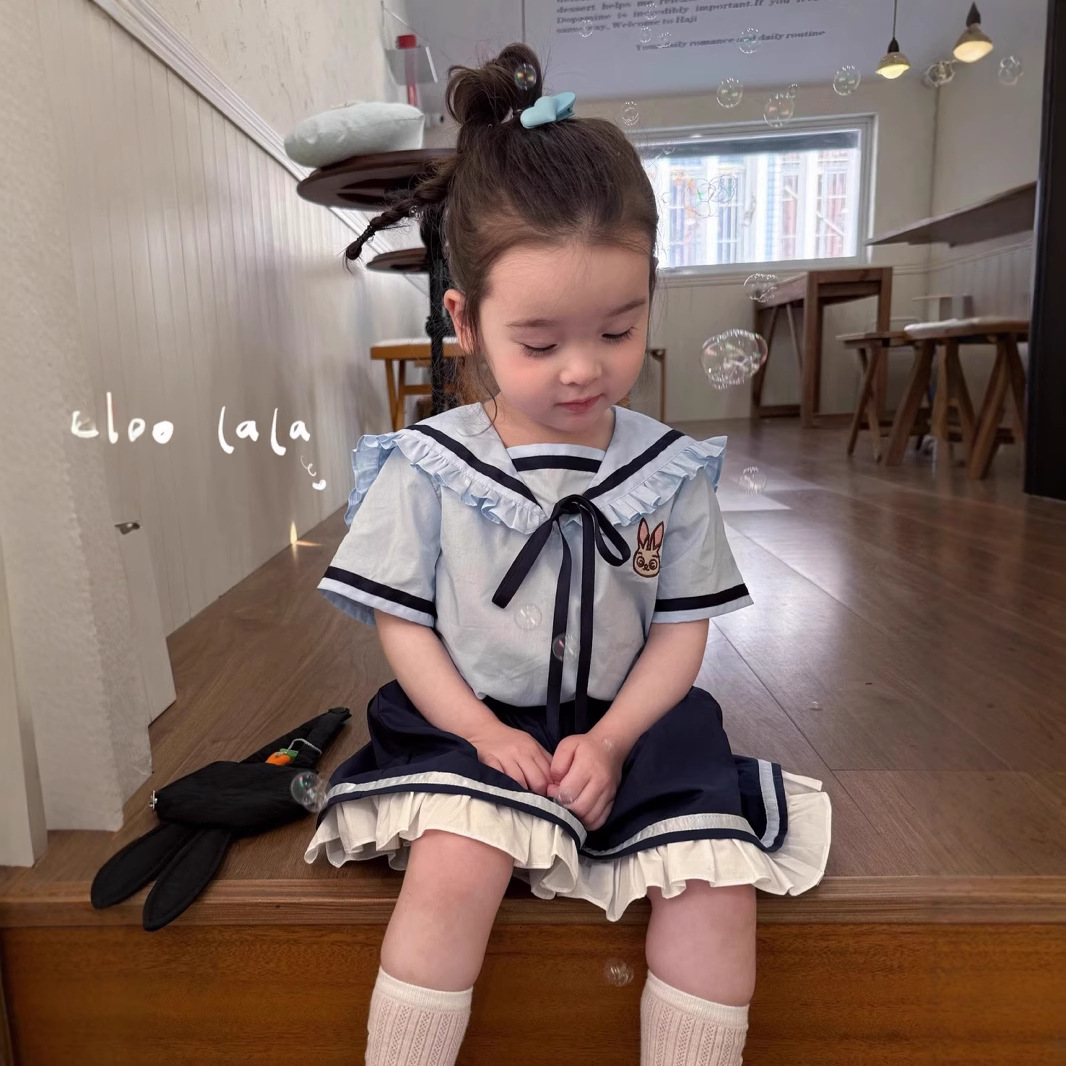 女童2025夏季新款学院风翻领衬衫半身裙裤兔警官女宝宝两件套装