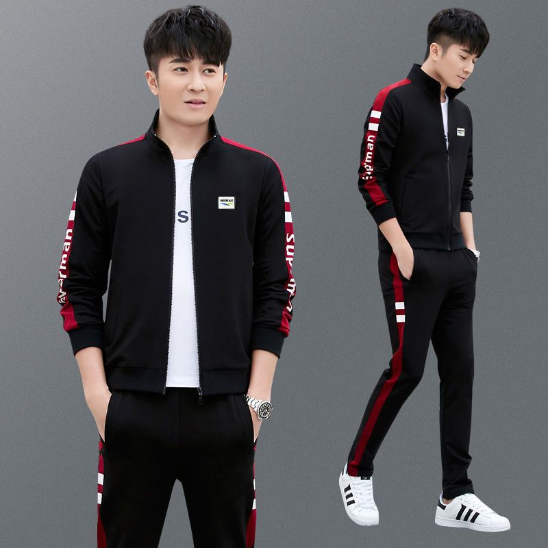 早秋男士运动服长袖休闲三件套男士秋季外套时尚卫衣拼接跑步套装
