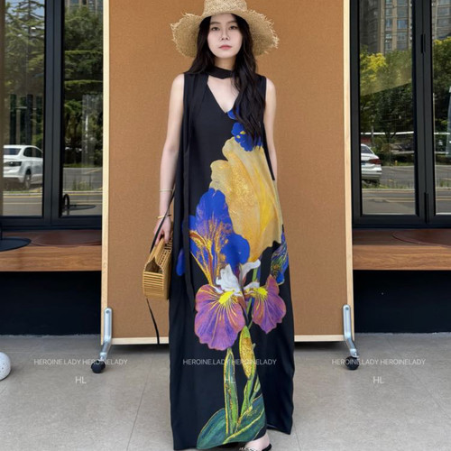 【半糖】HL棉绸夏季法式气质飘带V领长款舒服慵懒透气无袖连衣裙