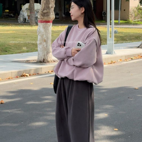 【卫衣奇遇】HL秋冬韩版保暖宽松加绒显瘦直筒花边简约纯色套装