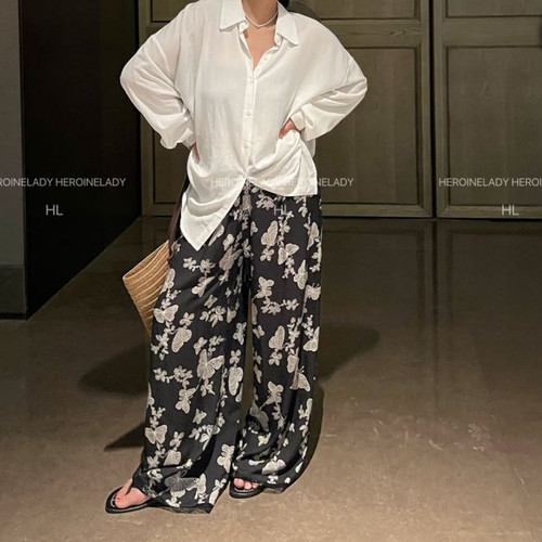 【风染的蓝裤子】HL棉绸夏时尚拼蕾丝复古气质宽松慵懒风阔腿长裤