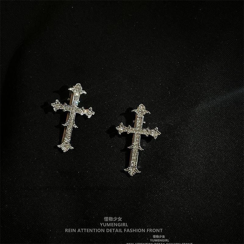 甜酷辣妹胸针轻奢水钻十字架额前碎发夹边刘海发夹小众高级感发饰
