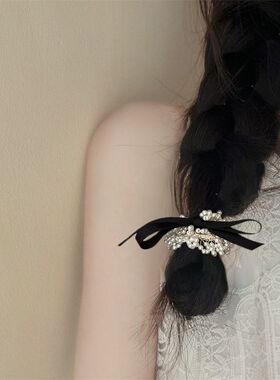 韩系新款黑色蝴蝶结发圈高级珍珠扎发头绳洋气百搭丸子头发绳头饰